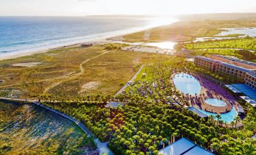 Aerial view of resort in Albufeira by the beach