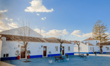 Whitewashed houses with trees in square
