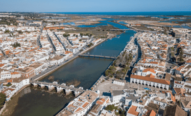 Drone view of Tavira old town and river Gilão